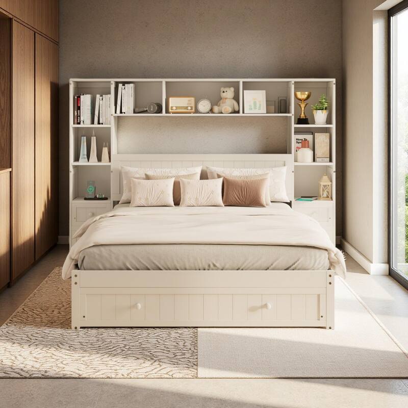 Multi-Functional Pine Wood Platform Bed with Built-In Nightstands, Storage Shelves, and Charging Stations