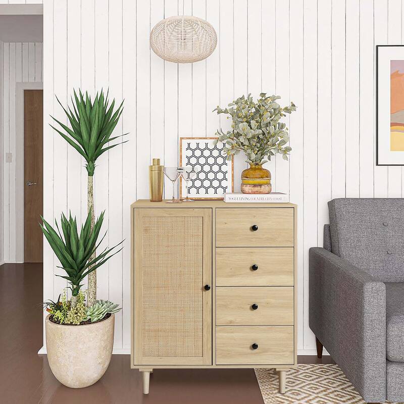 Storage Cabinet 1-Door 4-Drawer Wood Cabinet - Oak Finish Accent Cabinet Organizer