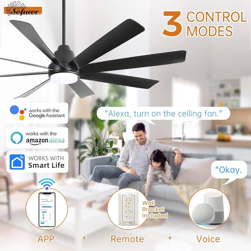 Sofucor 66/72"Smart Ceiling Fans with Lights,Indoor/Outdoor with Light and Remote,Compatible with Alexa/Google/App