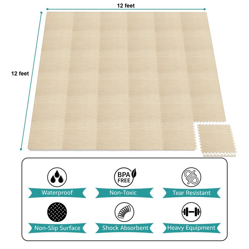 Sorbus 144 Sq. Ft. Wood Grain Floor Tiles Foam Mat EVA Interlocking Mats Tile 3/8-Inch Thick Flooring Wood Puzzle Exercise Mats