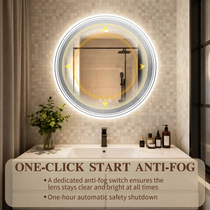 UL Certified Round Frameless Wall Mounted Anti Fog LED Bathroom Vanity Mirror, 3-Color Dimmable, HD Tempered Glass