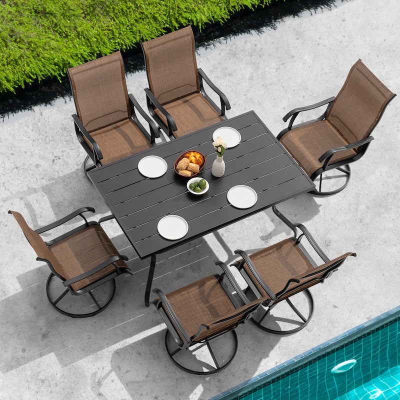 7-Piece Patio Iron Dining Set with Textilene Swivel Chairs, Brown and Black