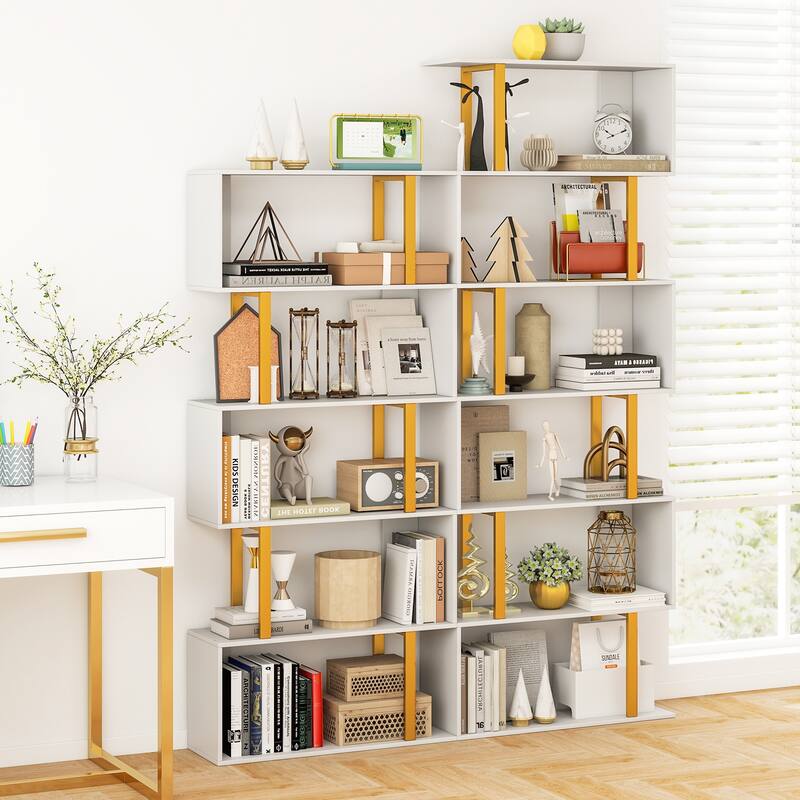 Gymax 2 PCS 6-Tier Geometric Bookcase 74.5-Inch S-Shaped Bookshelf w/