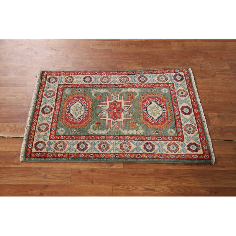 Green Geometric Kazak Oriental Foyer Rug Hand-Knotted Wool Carpet - 2'0" x 3'0"