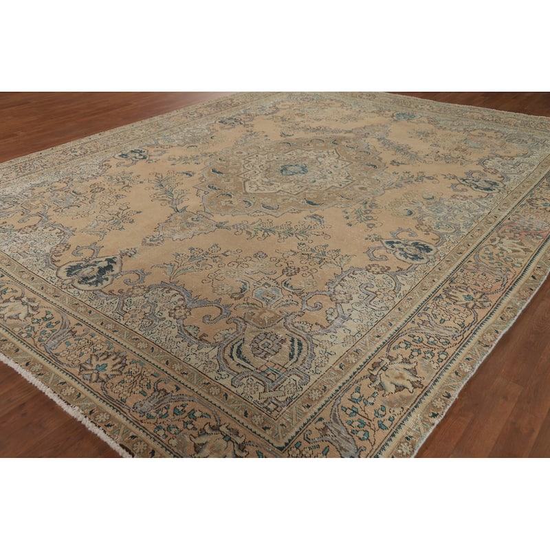 Distressed Tabriz Vintage Persian Rug Handmade Peach Wool Carpet - 9'9" x 12'9"