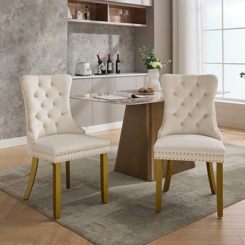 High-end Tufted Solid Wood Contemporary Velvet Upholstered Dining Chair with golden Wood Legs Nailhead Trim 2-Pcs Set