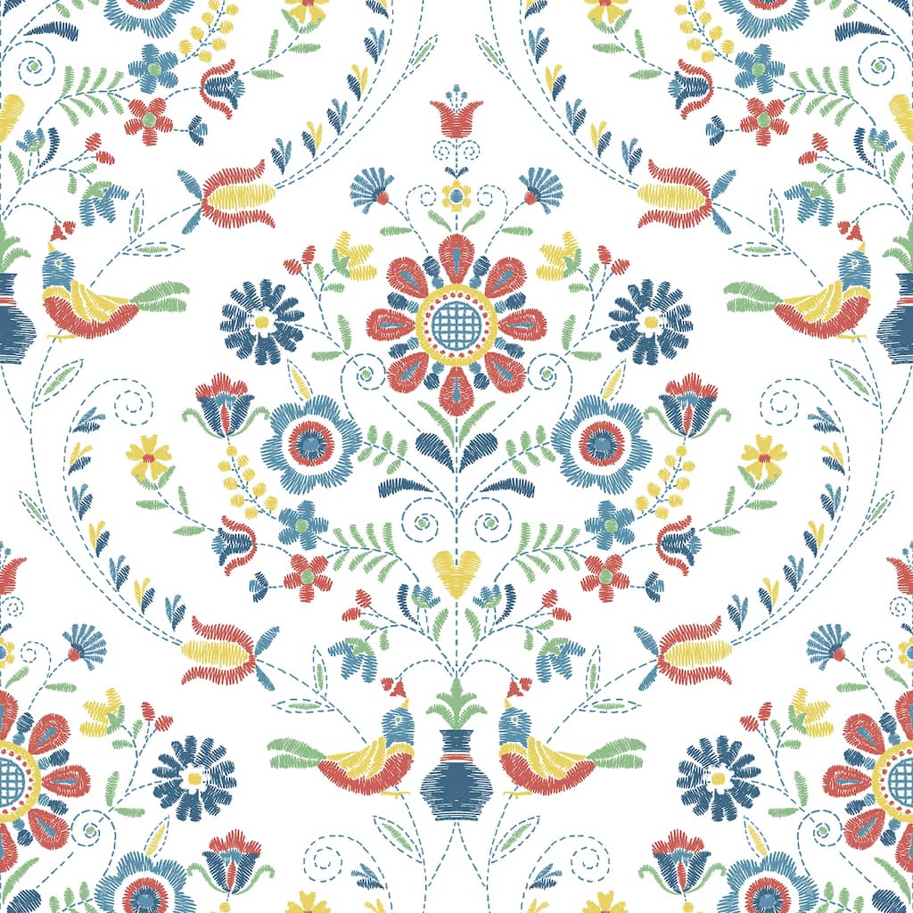 A-Street Prints Britt Multicolor Embroidered Damask Wallpaper