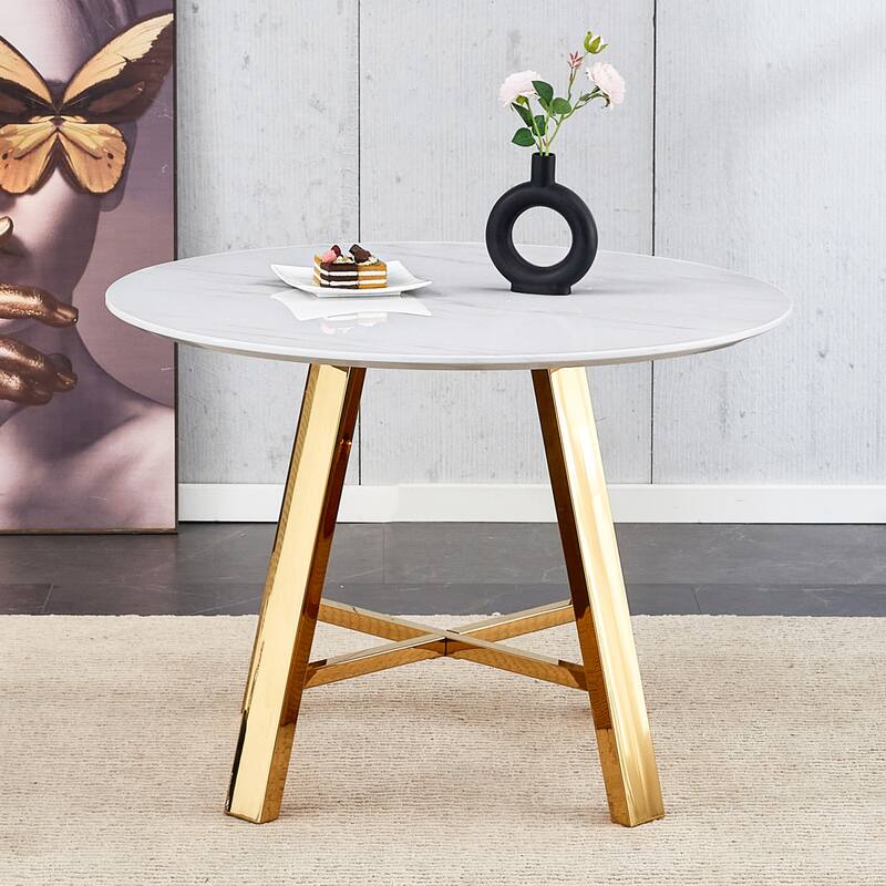 Round Dining Table Coffee Table with Dark Wood Textured Top,Cross Structure Reinforcement Black Metal Legs - Black,White