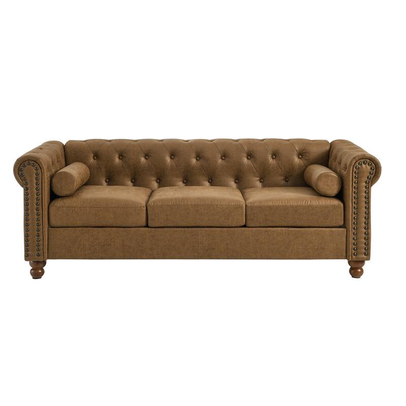 Brown 74.5'' Fabric 3-Seater Sofa with Tufted Back and Dual Headrests