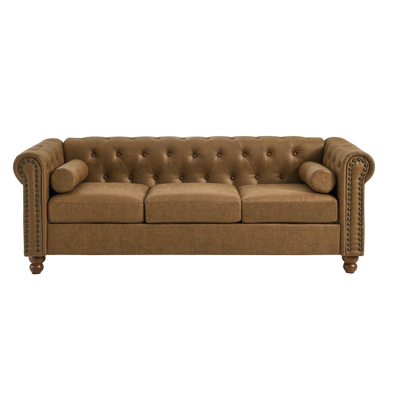 Brown Chesterfield 74.5" Button Tufted Upholstered 3-seater Sofa with Nailheads and Pillows for Living Room