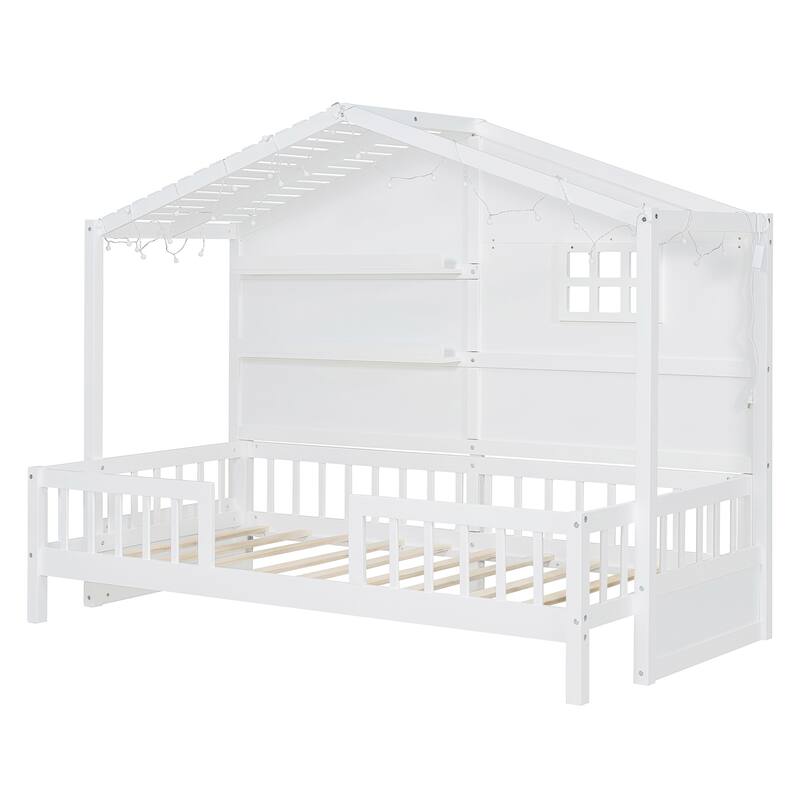 Twin House Bed with Window, Roof Light Strip, and Storage Shelves, Pine Wood Construction