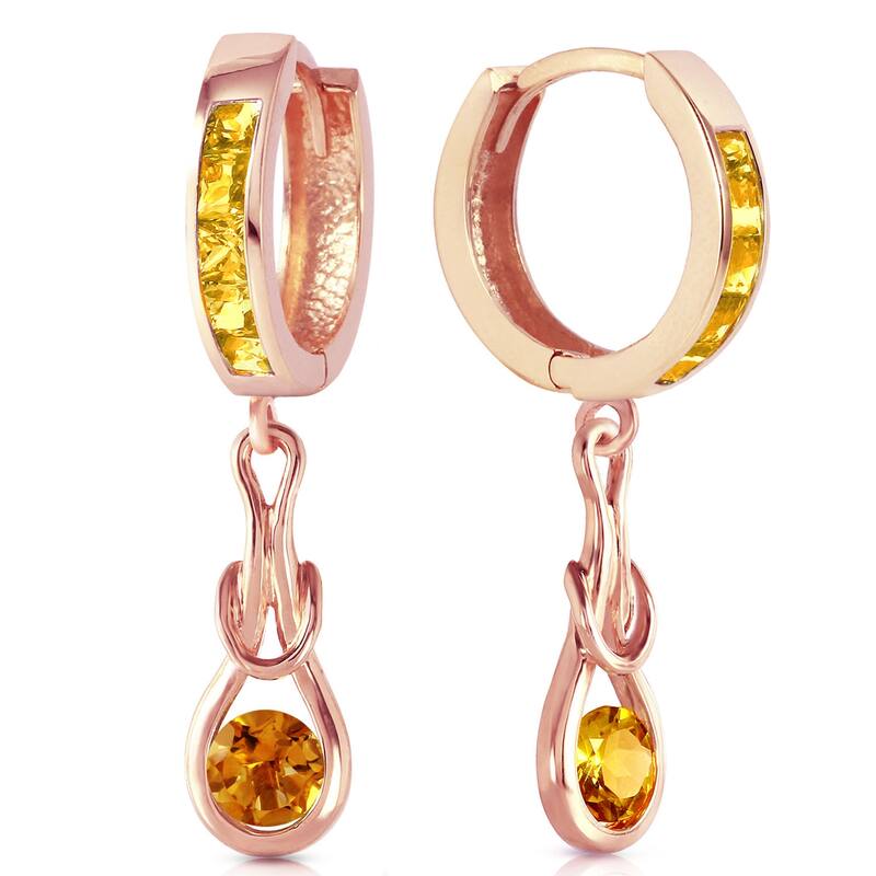 14K Solid Gold Huggie Gemstone Earrings Dangling Natural Citrine - Rose