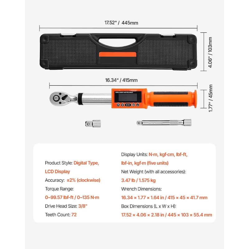Black and Orange Digital Torque Wrench with LCD Display and Reversible Ratchet - 16.34 x 1.77 x 1.64 in