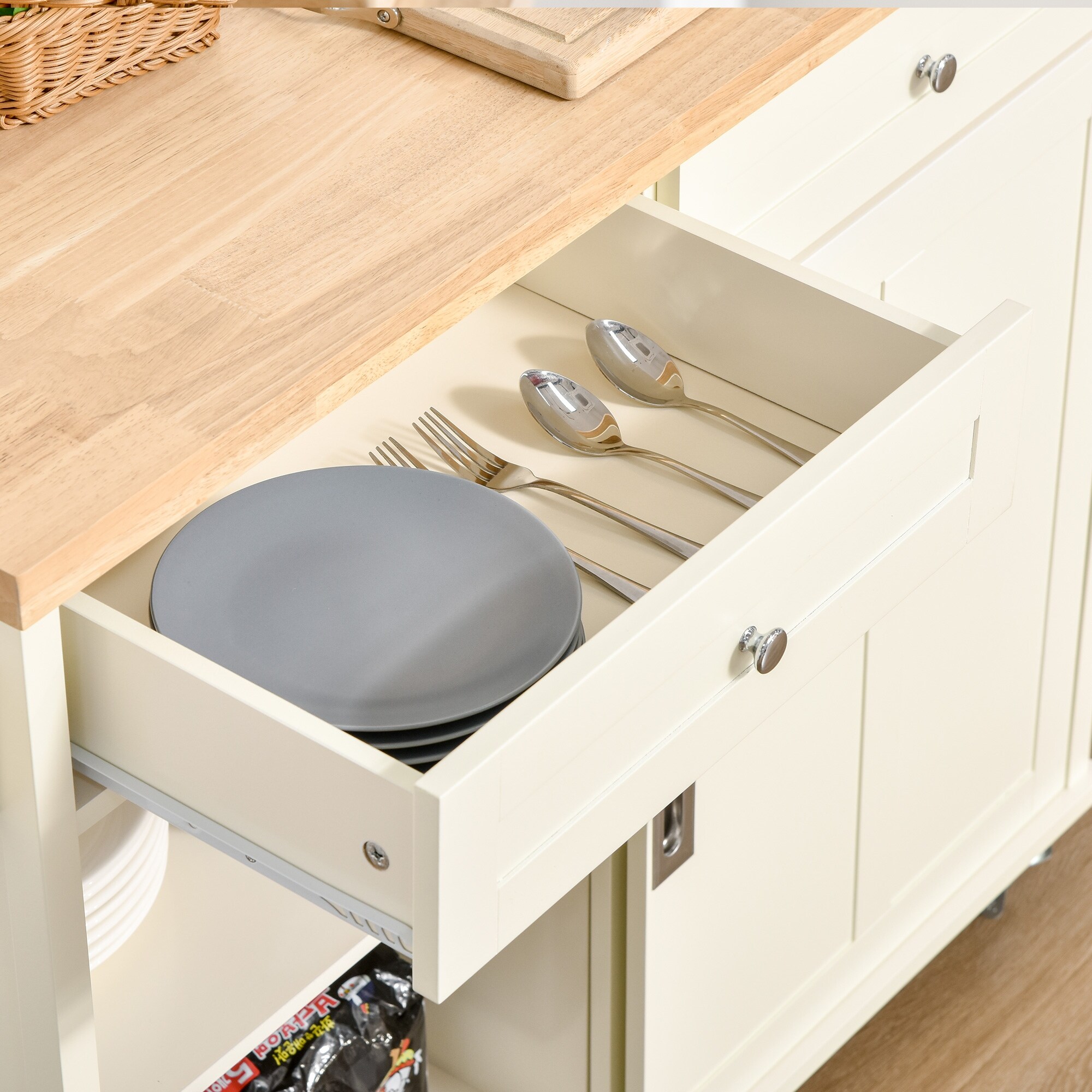 43 Kitchen Island Rolling Storage Cart w/ Wheels, Cabinet, Drawers, Cream  White