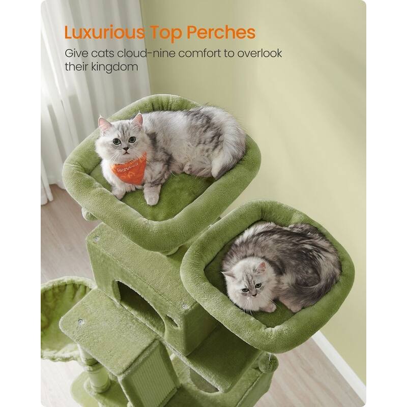 Cat Tree, 66.1-Inch Large Cat Tower with 13 Scratching Posts, 2 Perches, 2 Caves, Basket, Hammock, Pompoms