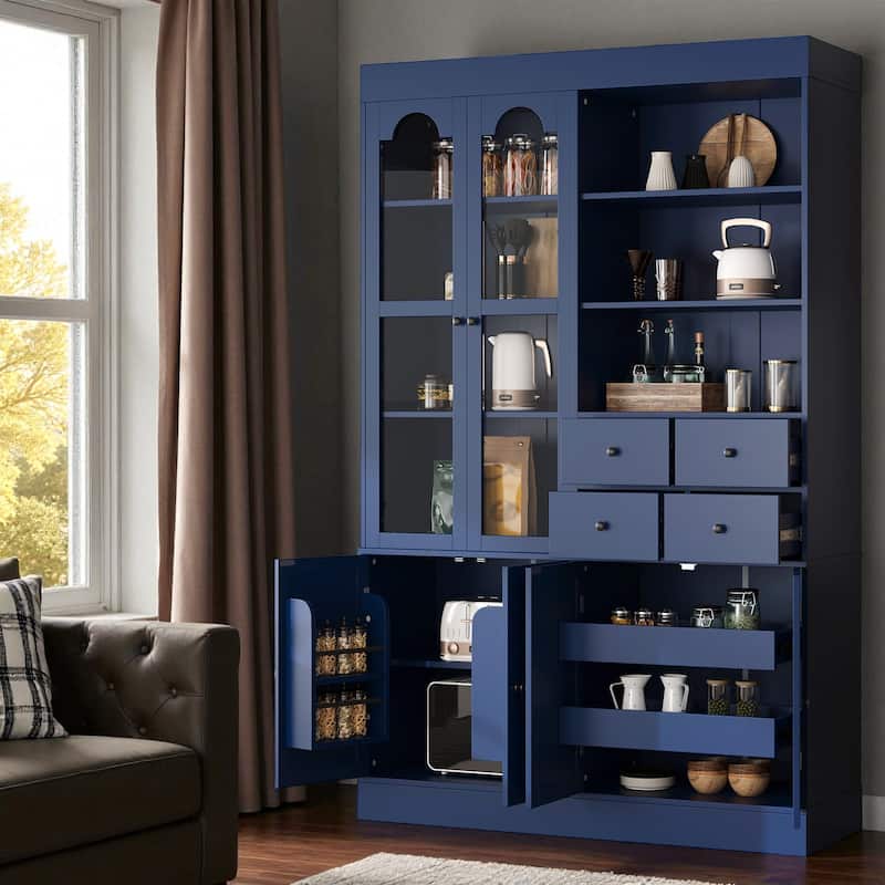 75" Freestanding Kitchen Pantry Buffet with Hutch, 4 Drawers, Glass Doors, Adjustable Shelves and Pull-Out Trays