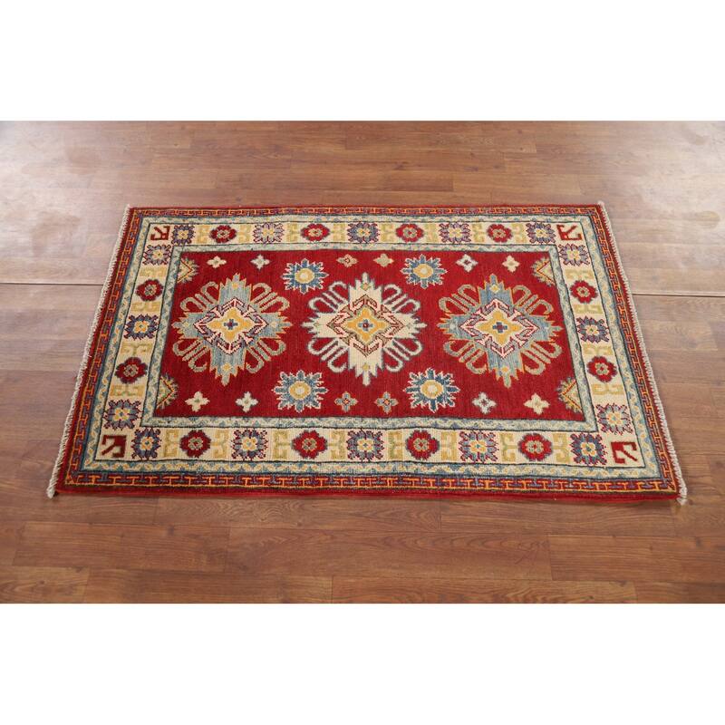 Geometric Red Kazak Oriental Foyer Rug Hand-Knotted Wool Carpet - 2'7" x 4'1"