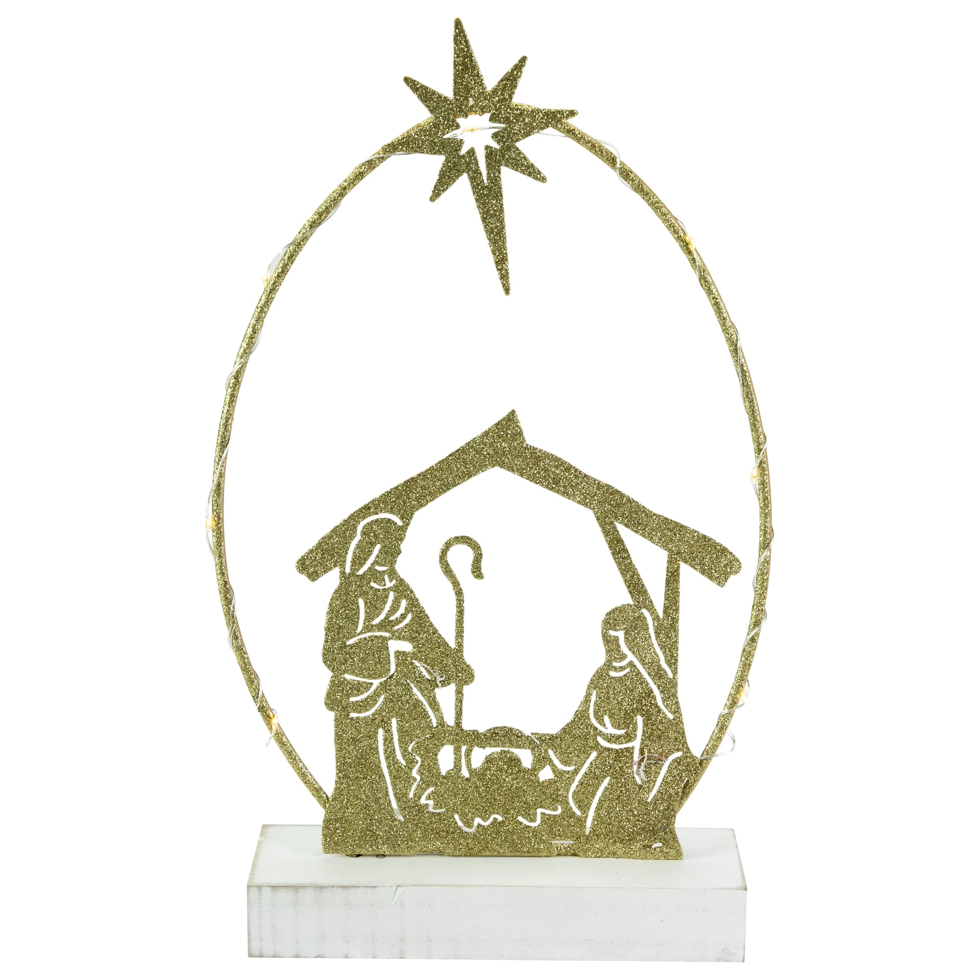 14" LED Golden Glitter Holy Family Nativity Scene Christmas Decoration