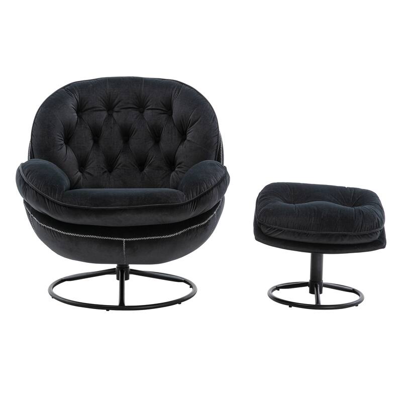 Velvet Swivel Accent Chair with Ottoman & Metal Legs (360° Rotation)