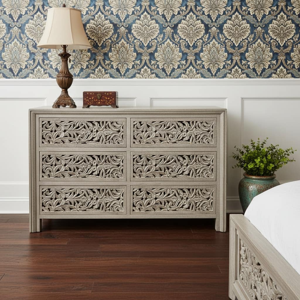 HomeRoots 57" Gray Carved Scrollwork Solid Wood Six Drawer Dresser