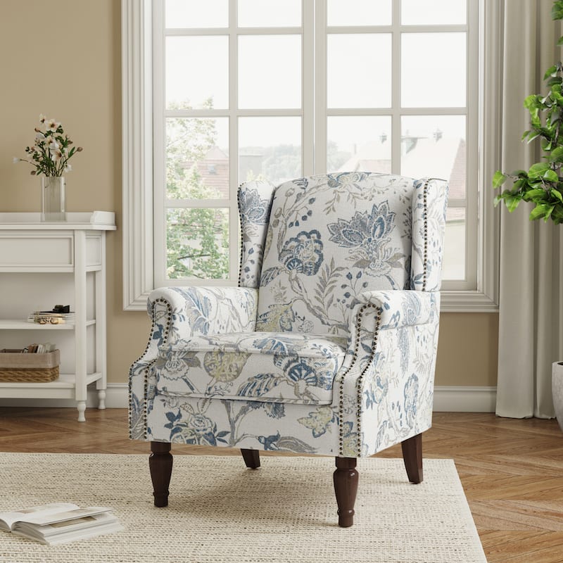Traditional Floral Patterned Wingback Armchair with Nailhead Trim