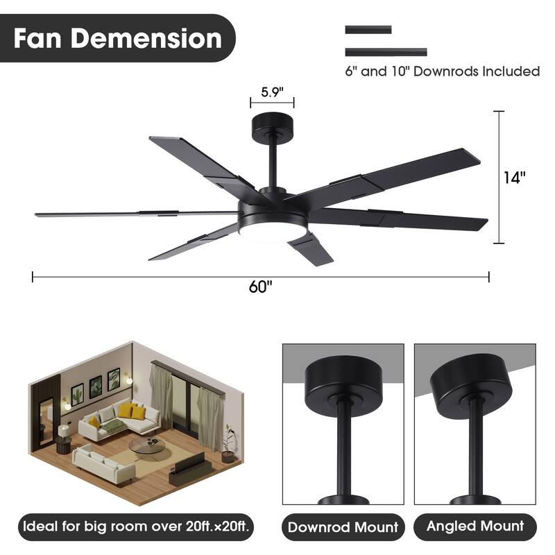 60 in.Smart Matte Black Integrated LED Dimmable Ceiling Fan with Light and Remote and APP Control