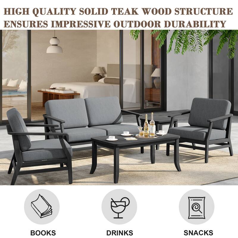 5-Piece Outdoor Teak Wood Patio Conversation Set with Cushions