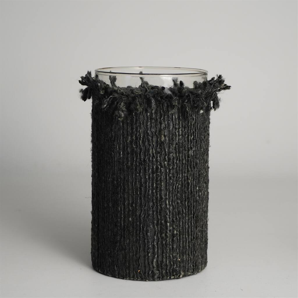Votive Wapped in Dark Gray Fabric 10"x6"- A