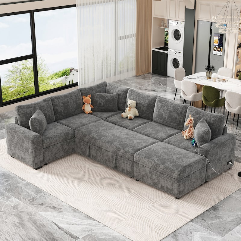 112.2" Sectional Sofa, Pull-out Sofa Bed Sleeper with Storage Ottoman,3 Pillows - Grey