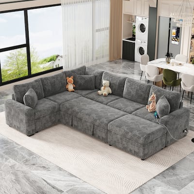 112.2" Sectional Sofa Bed with Storage Ottoman, Pillows & Charging, Grey Chenille