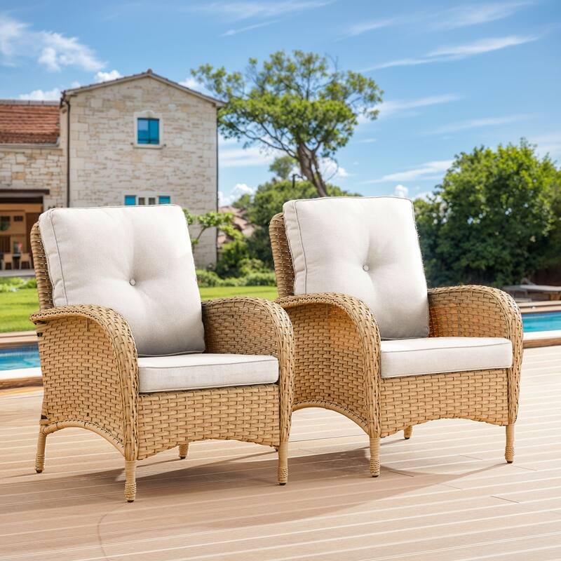 Gymojoy Stylish High Back Outdoor Wicker Dining Chairs Set of 2 - 2-Piece - Yellow Wicker / Beige Cushion