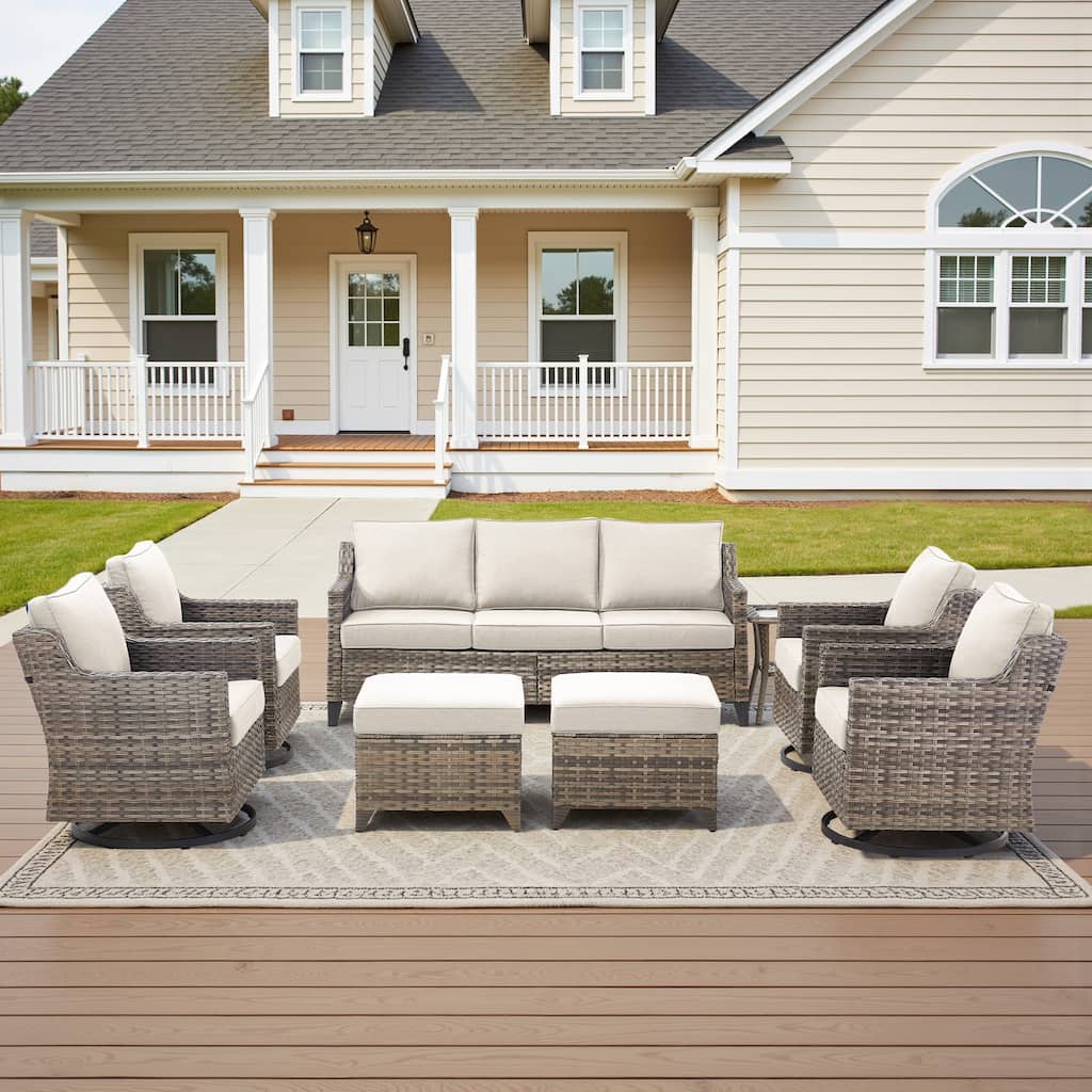 Glissia 8-Piece Gray Wicker Patio Seating Collection with Swivel Gliders and Ottomans