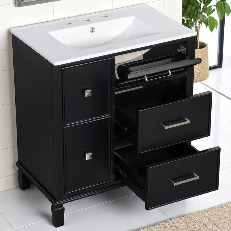 30" Bathroom Vanity with Sink, Freestanding Cabinet with Flip-Out Drawer & Double-Layer Storage, Solid Wood with Ceramic Basin