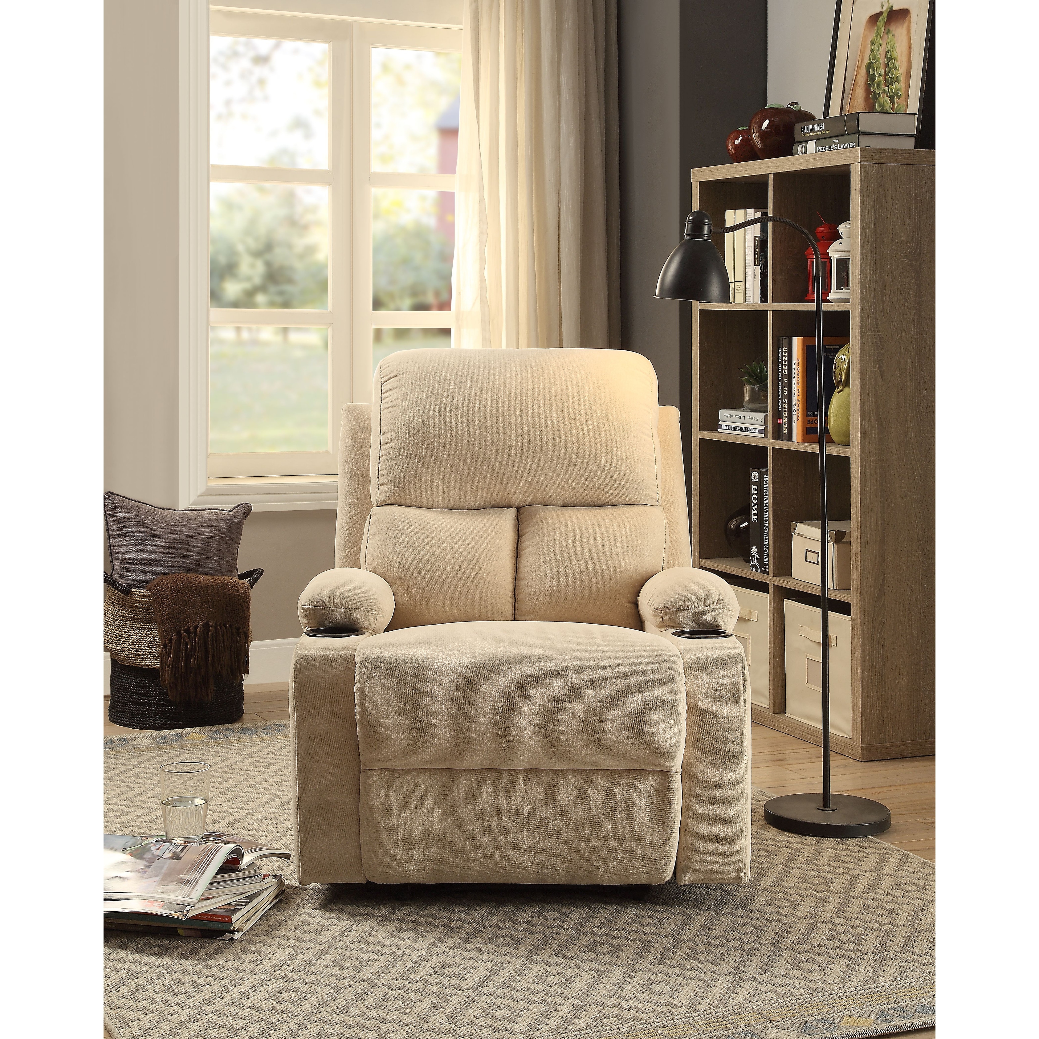Beige Vintage Motion Recliner with Tight Back & Seat Cushions and Pillow  Top Arm & Cup Holder