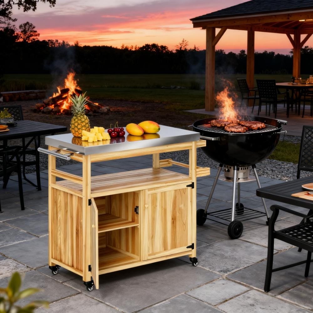 GDFStudio Outdoor Alaric Stainless Steel Grill Cart with Solid Wood Storage and Mobile Design