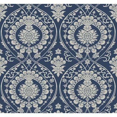 Fargo Navy/Silver Non-Woven Unpasted Damask Imperial Damask Wallpaper Covers about 60.75 sq. ft.