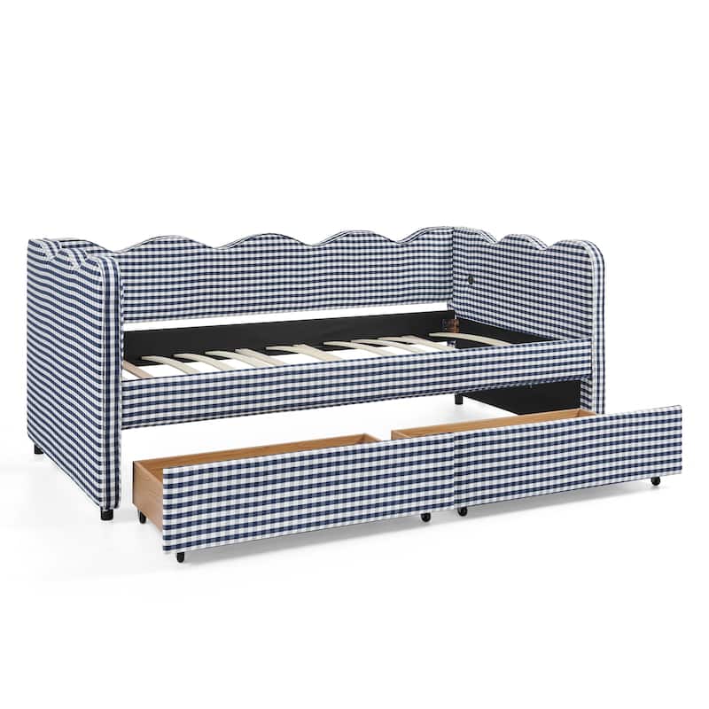 Twin Size Gingham Linen Upholstered Daybed with 2 Storage Drawers, USB Charging Station & Waved Arms