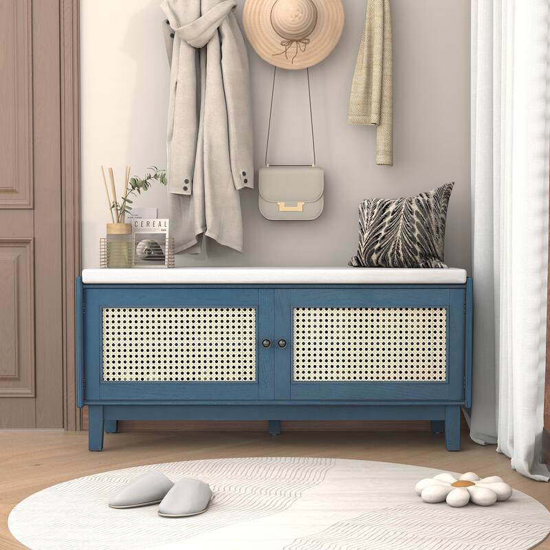 Rattan Entryway Bench with Storage, Cushioned Shoe Bench with Double Doors
