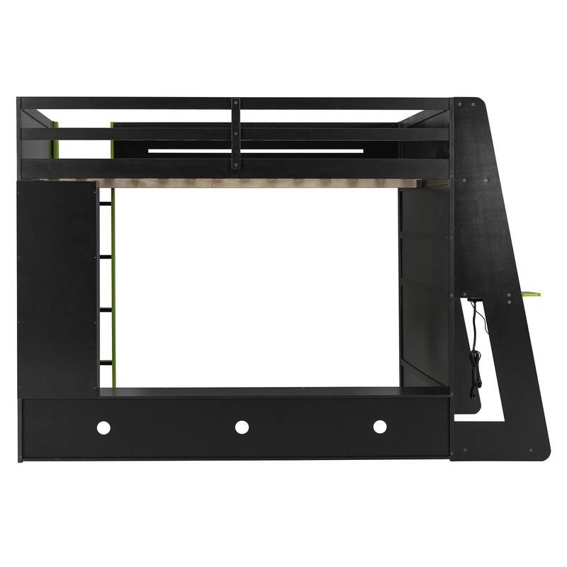 Full Size Loft Bed with Bulit-in Desk and RGB Light, Wooden Loft Bedframe w/ Multi-storage Shelves & Ladder, Kids Playhouse Bed