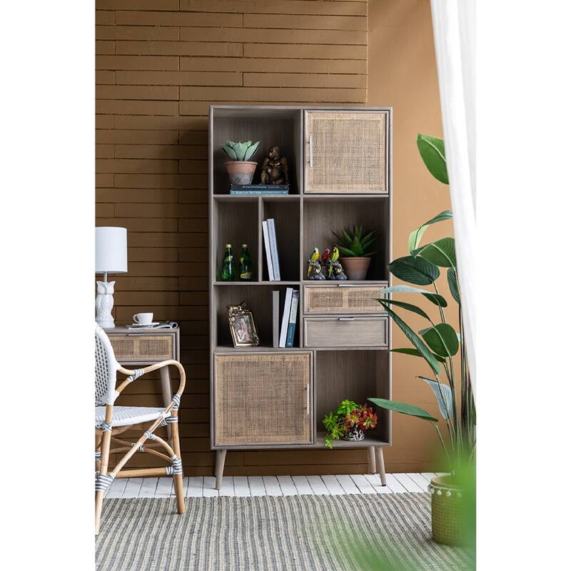 Modern Gray Cabinet with Woven Rattan Panels - Boho Storage Tower with Cubby Shelves for Any Room