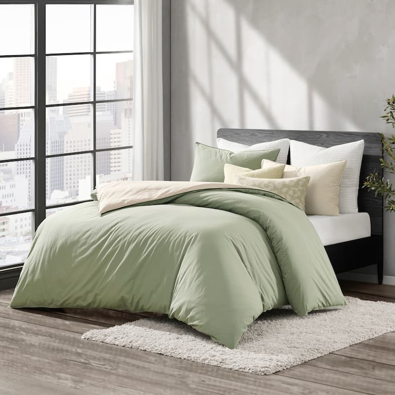 DKNY Reversible Vintage Washed Cotton Comforter Set - Green/Khaki - Full - Queen