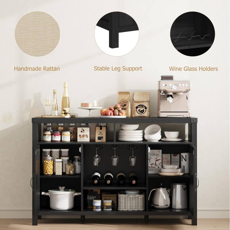 52" Rattan Sideboard Buffet Cabinet with Storage and Wine Racks, Farmhouse Kitchen Buffet Cabinet with Drawer