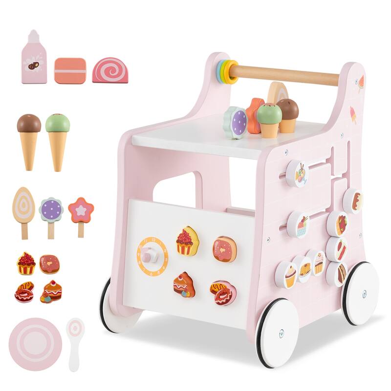 MDF Kids Walker with Toys, Storage and Rubber Wheels - 12.5" L x 14" W x 16.5" H - Pink
