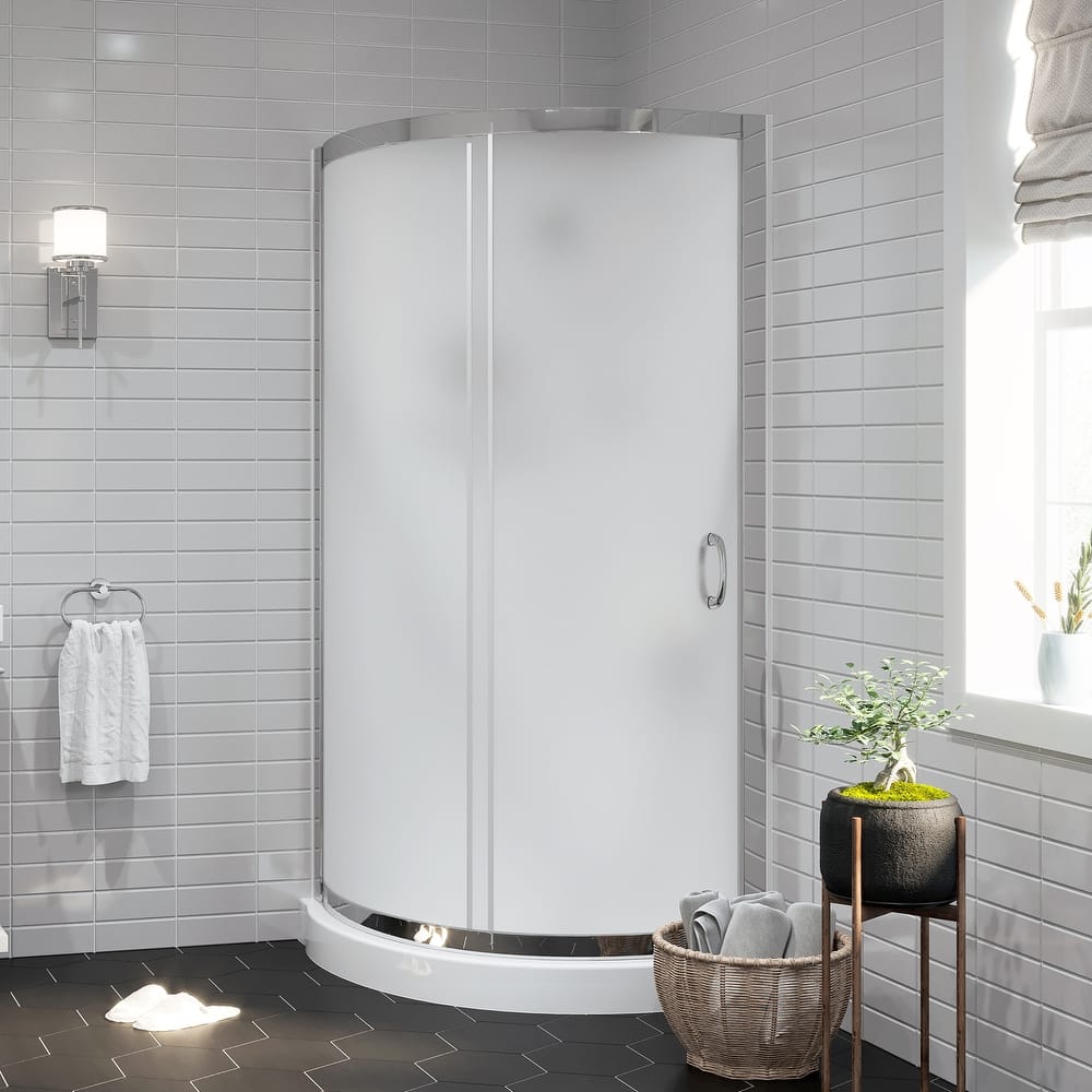 Breeze Round Corner Shower Kit with Frosted Sliding Door, Acrylic Wall and Shower Base Pan