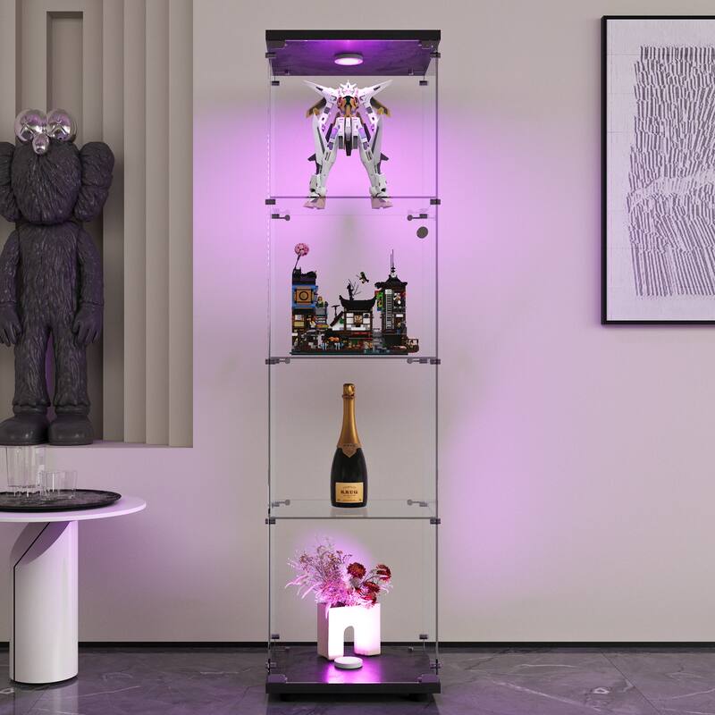 LED lights Glass Display Cabinet 4 Shelves with Door, Floor Standing Curio Bookshelf for Living Room Bedroom Office