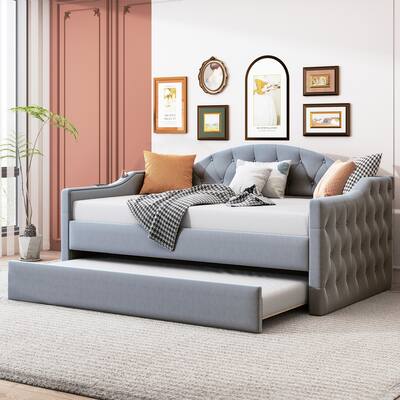 Gray Twin Size Tufted Velvet Upholstered Daybed with Trundle and Type-C Charging Ports