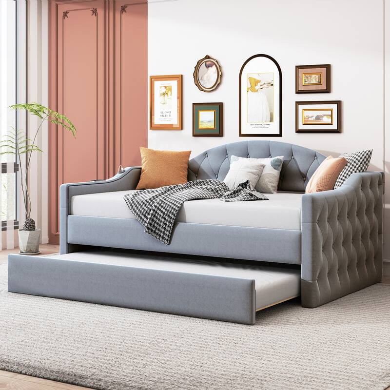 Tufted Upholstered Daybed with Trundle - Gray