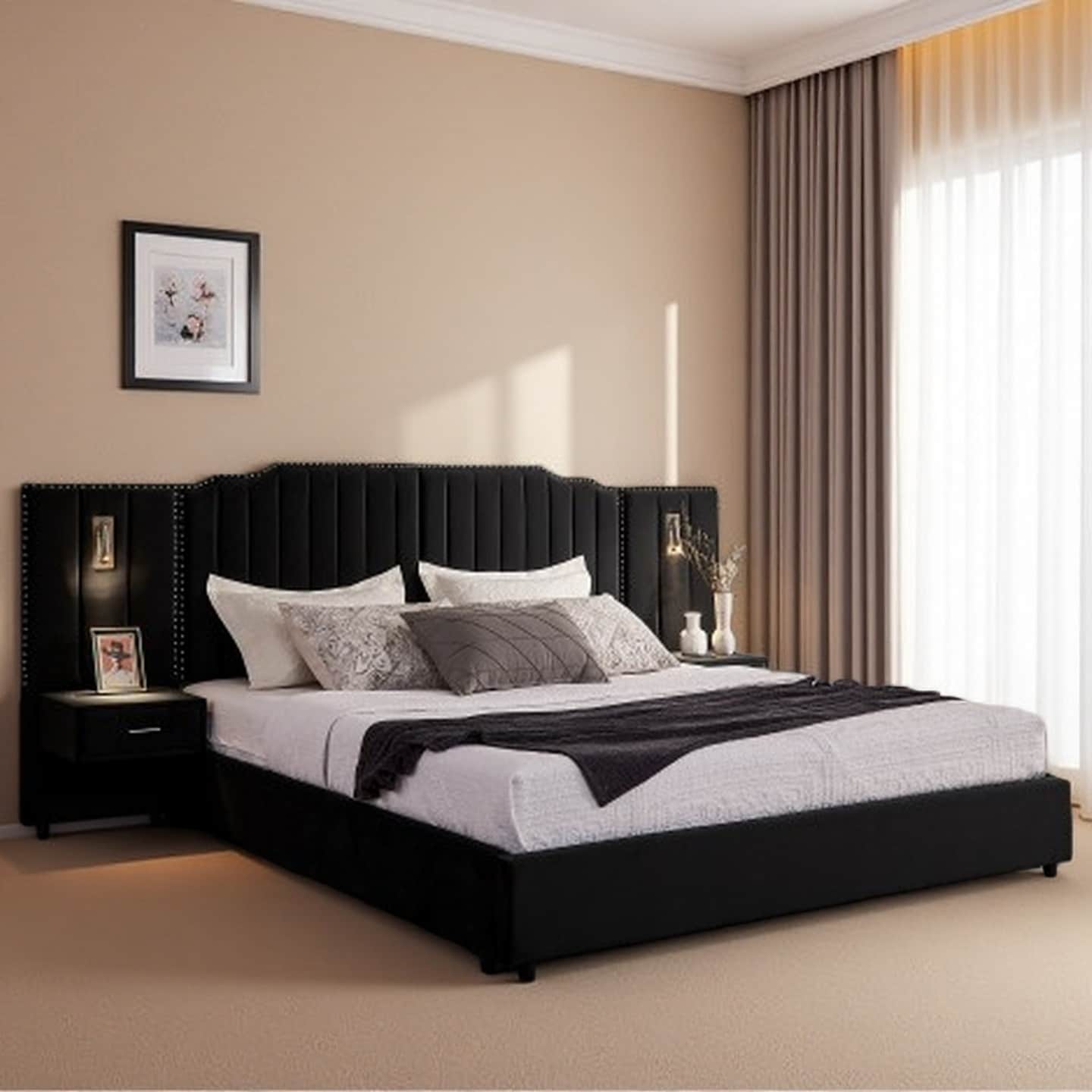 Queen Velvet Platform Bed with Expanded Vertical Channel Headboard, Built-In Bedside Table & Adjustable Reading Lamp