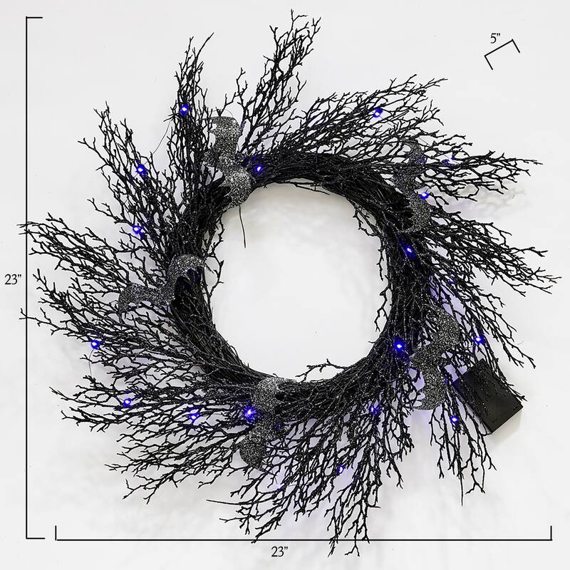 23" Spooky Halloween Lighted Bat Twig Wreath on Black Natural Twig Base