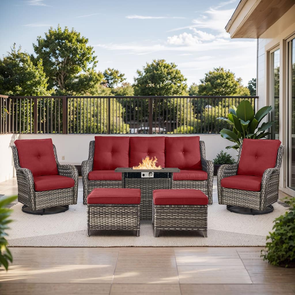 Fire Pit Table with Sofa 2 Swivel Chairs Ottomans Grey-Red - Grey
